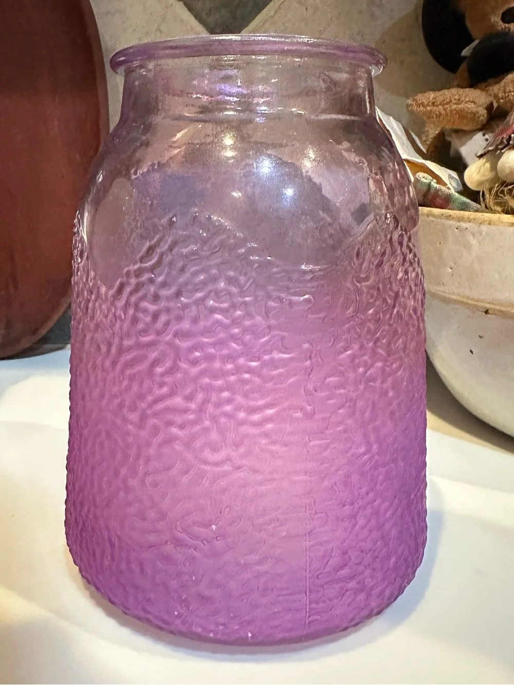 PURPLE PINK TEXTURED GLASS VASE JUG CONTAINER STORAGE FLOWERS WEDDING DECOR 7”x5